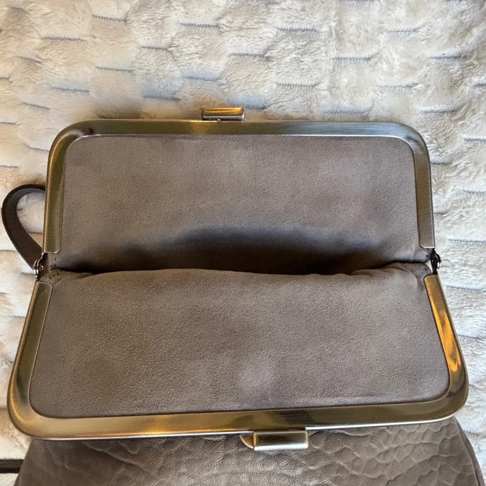 Vince Camuto Taupe Pebbled Leather Crossbody Flap Bag Gunmetal Frame